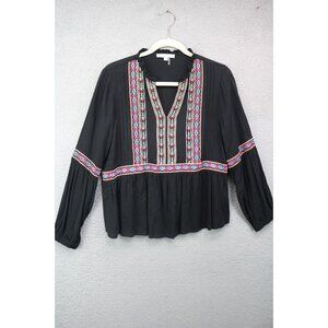 Andrea by Unit Long Puff Sleeves Embroidered Babydoll Top-Size Large-Boho